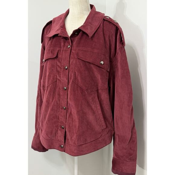 Free People Maroon Burgundy Luxe Velvet Trucker Jacket Oversized Size Large L - Picture 2 of 3